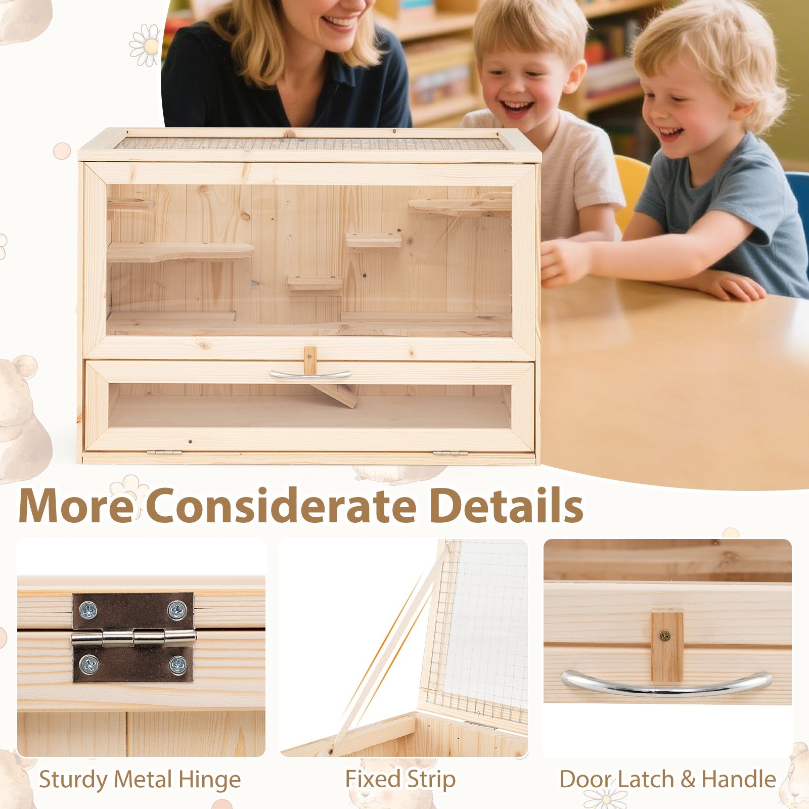 Wooden Hamster Cage, Hamster Habitat Playpen w/Mesh Flip Roof