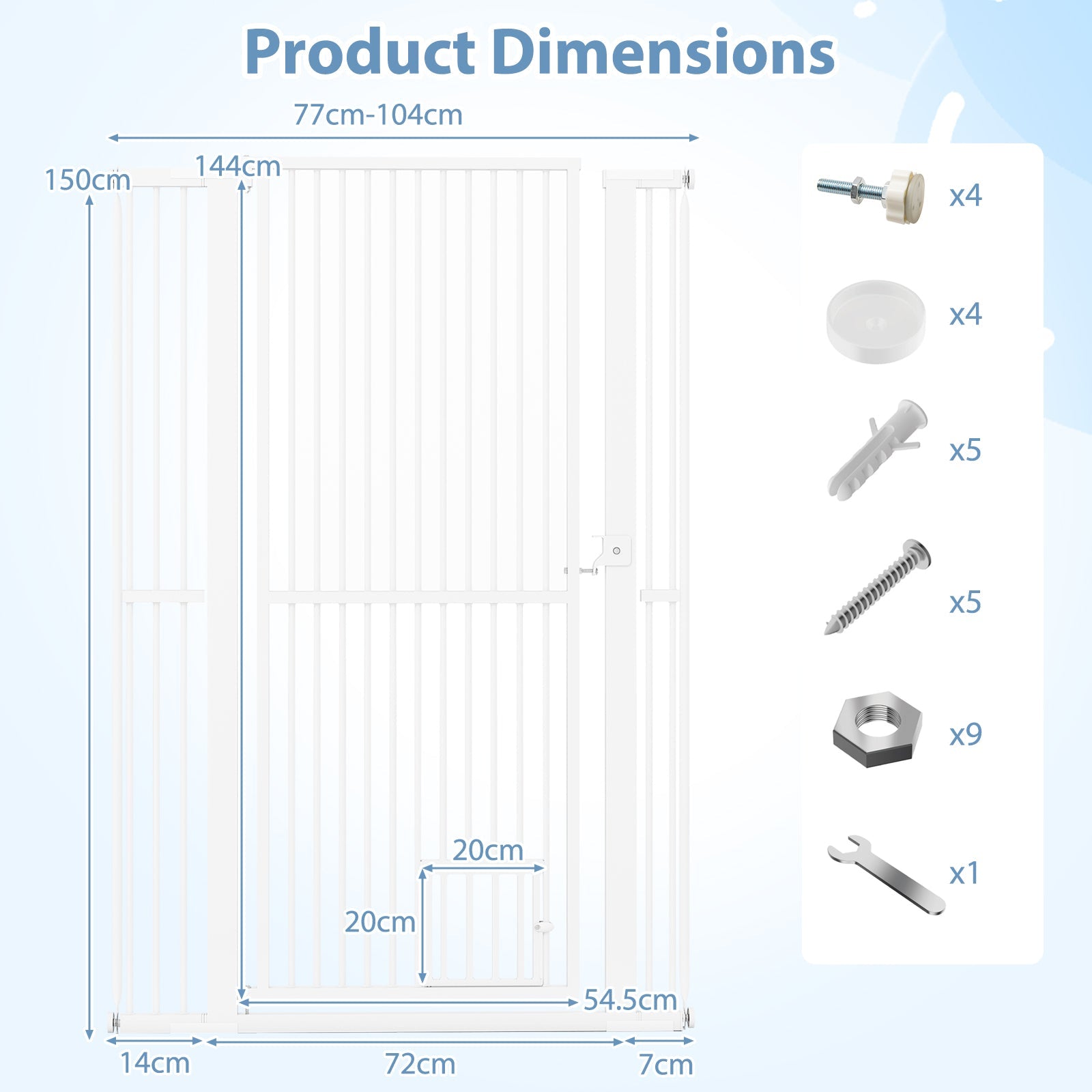 150 cm/171 cm Extra Tall Pet Gate, Heavy-Duty Metal Cat Gate w/ 77 cm-104 cm Wide Opening