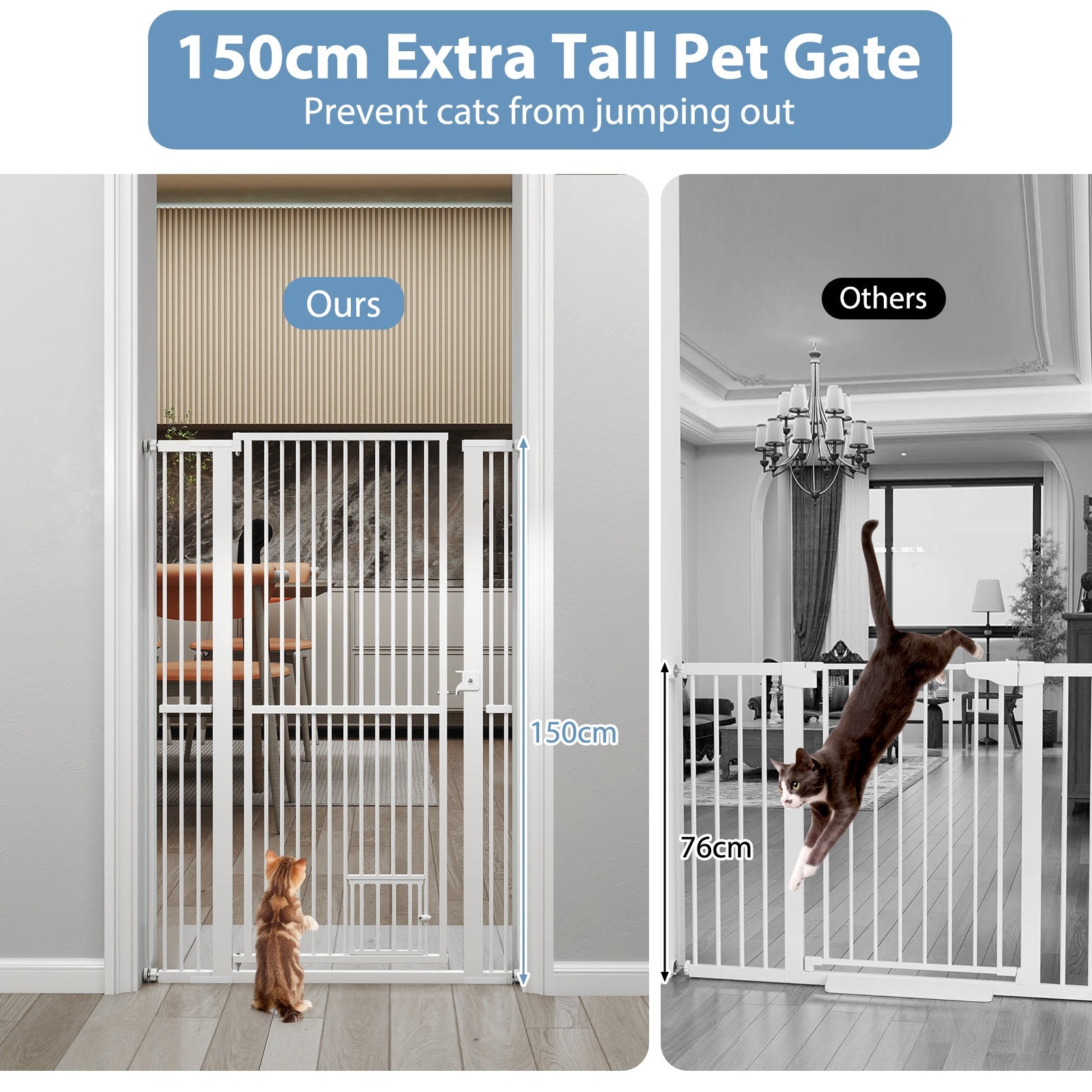 150 cm/171 cm Extra Tall Pet Gate, Heavy-Duty Metal Cat Gate w/ 77 cm-104 cm Wide Opening