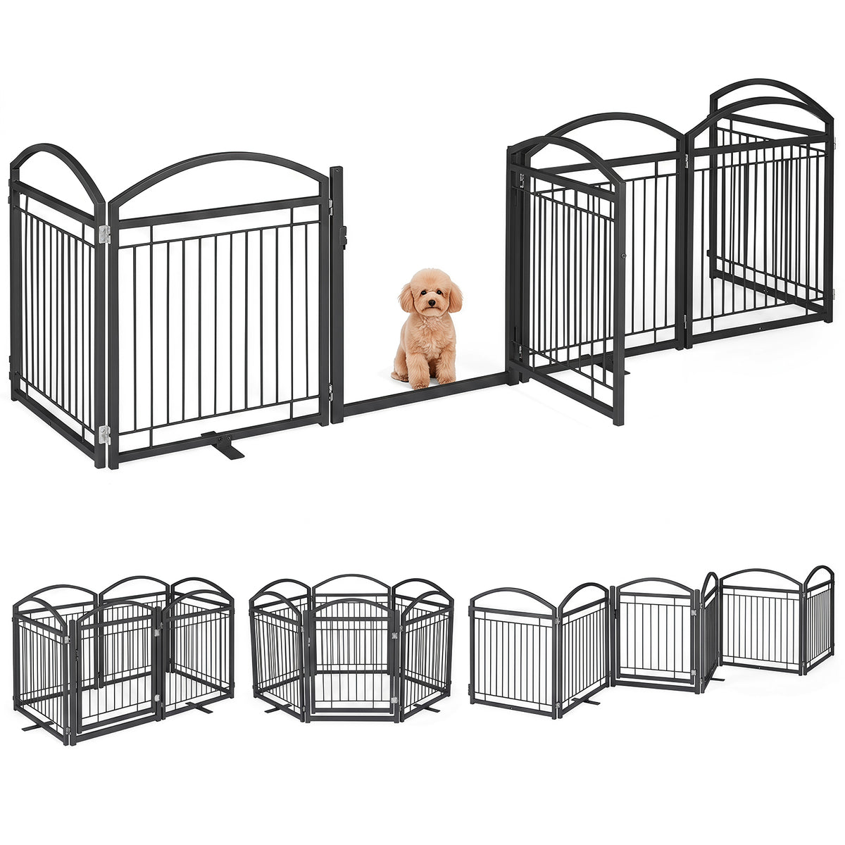 360 x 81 cm Foldable Metal Dog Gate with Door, 6 Panels, White/Black