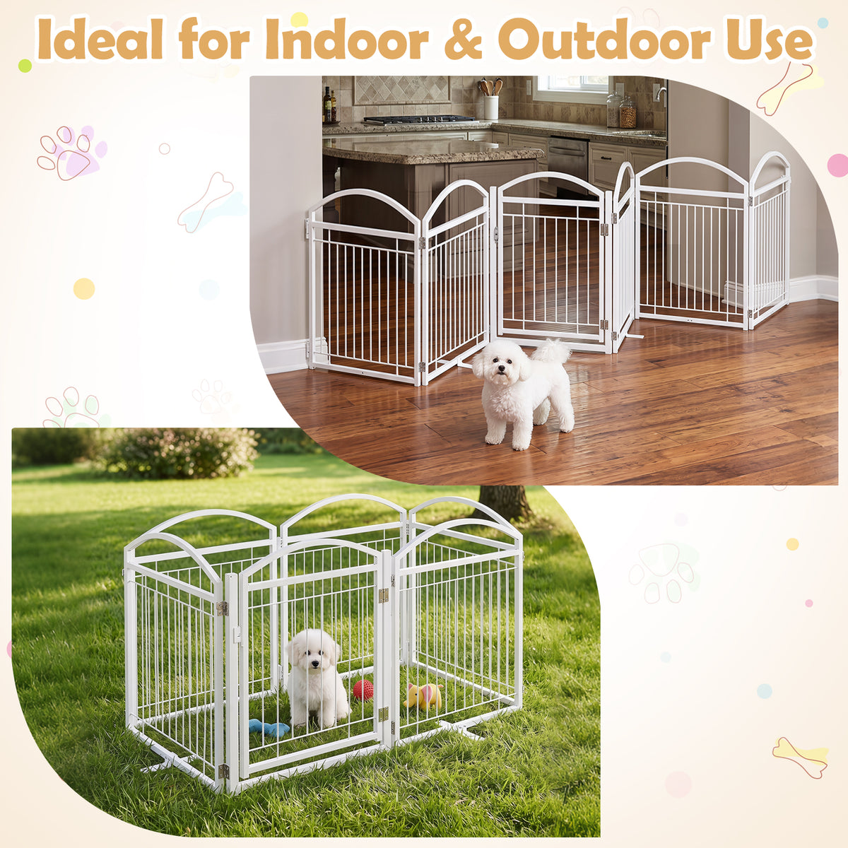 360 x 81 cm Foldable Metal Dog Gate with Door, 6 Panels, White/Black