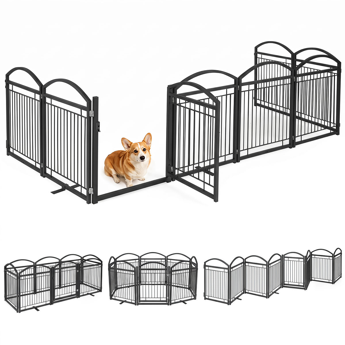 480 x 81 cm Foldable Metal Dog Gate with Door, 8 Panels, White/Black