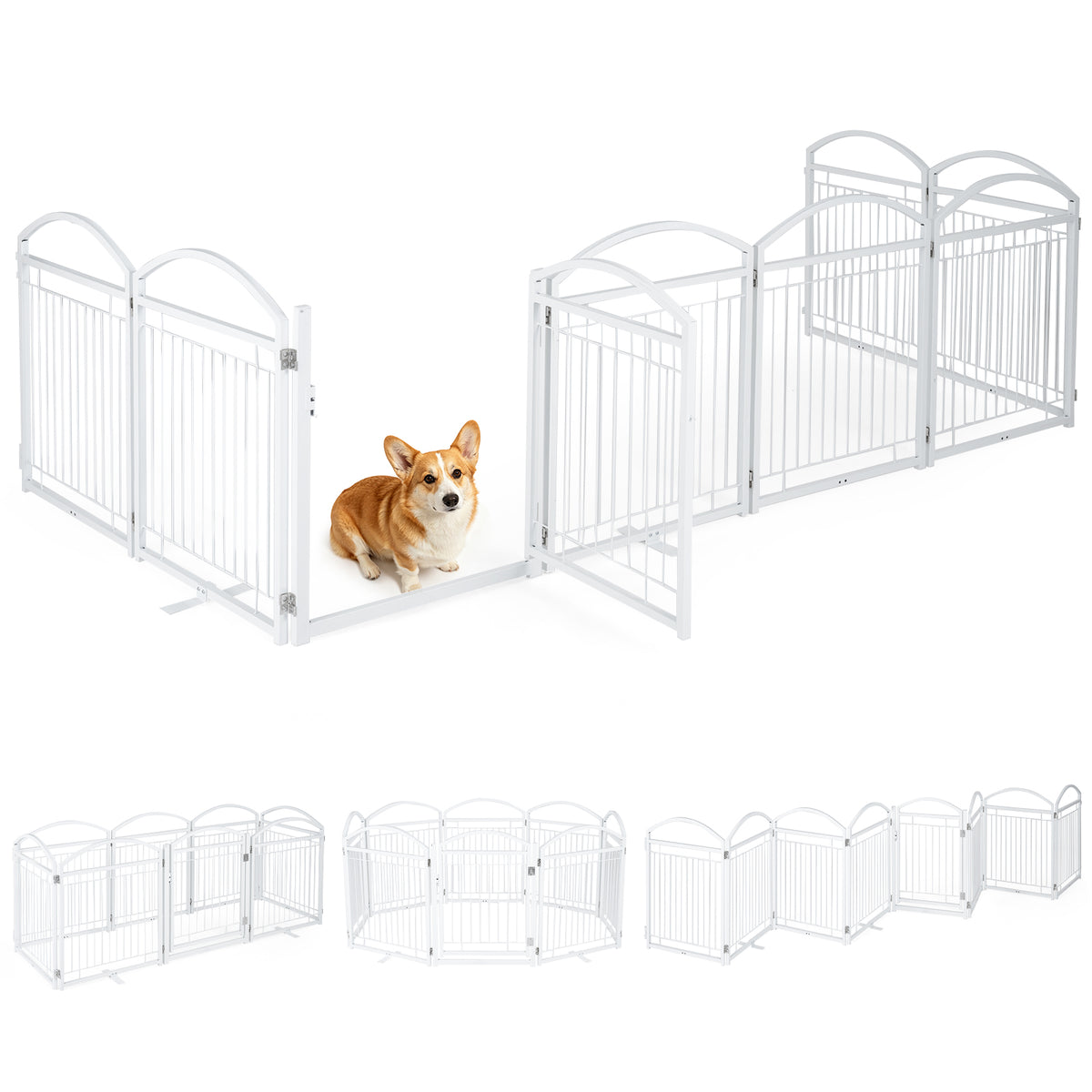 480 x 81 cm Foldable Metal Dog Gate with Door, 8 Panels, White/Black
