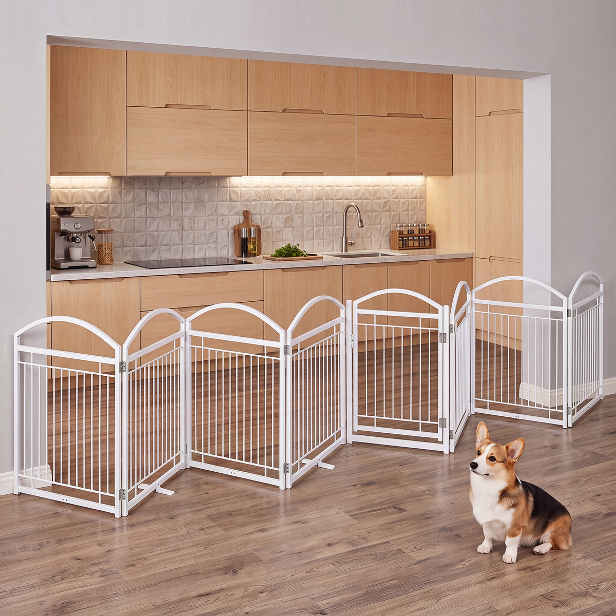 480 x 81 cm Foldable Metal Dog Gate with Door, 8 Panels, White/Black