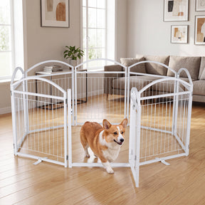 480 x 81 cm Foldable Metal Dog Gate with Door, 8 Panels, White/Black