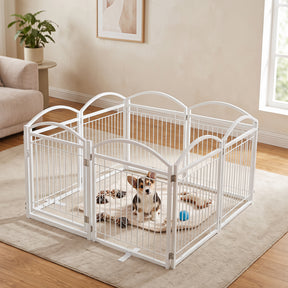 480 x 81 cm Foldable Metal Dog Gate with Door, 8 Panels, White/Black