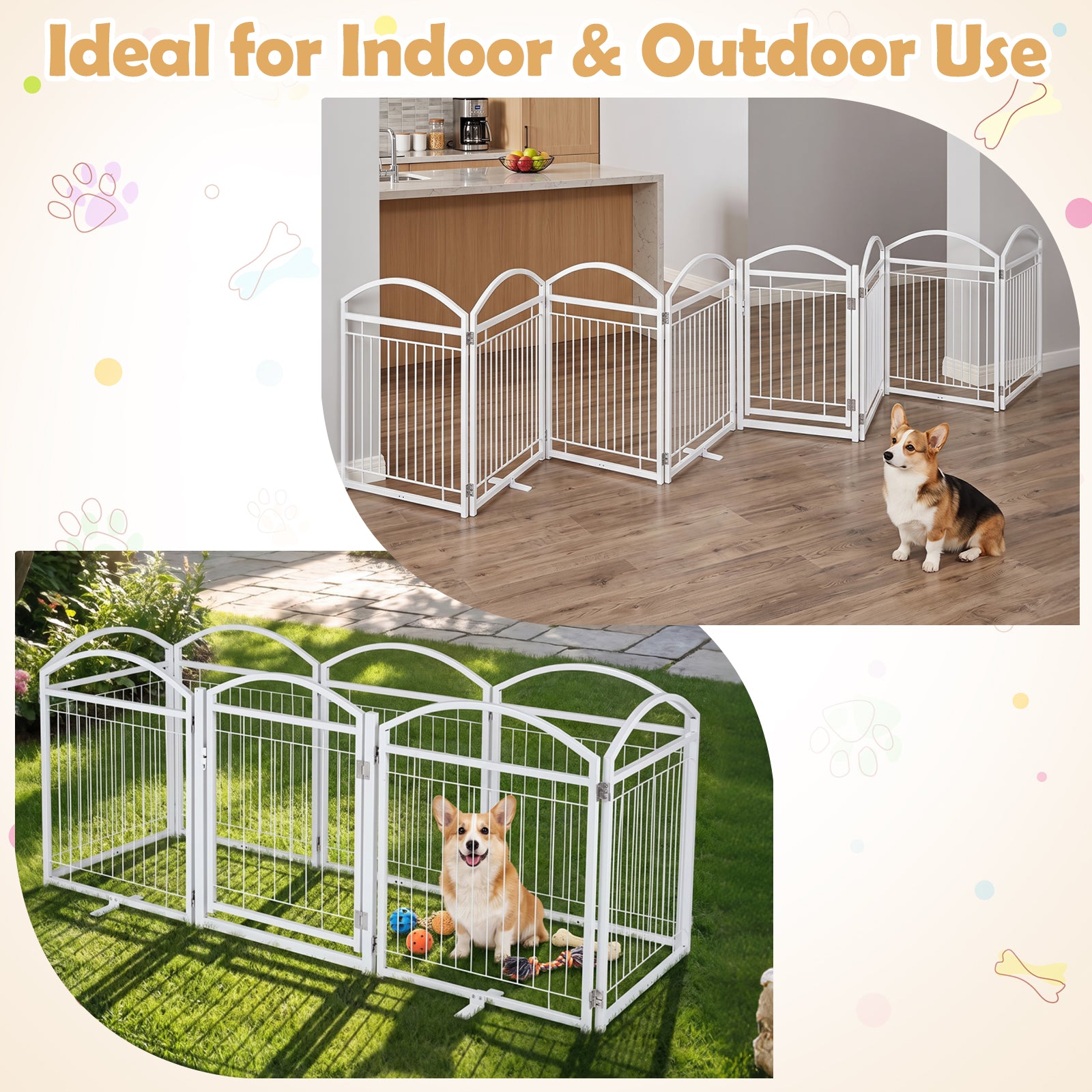 480 x 81 cm Foldable Metal Dog Gate with Door, 8 Panels, White/Black