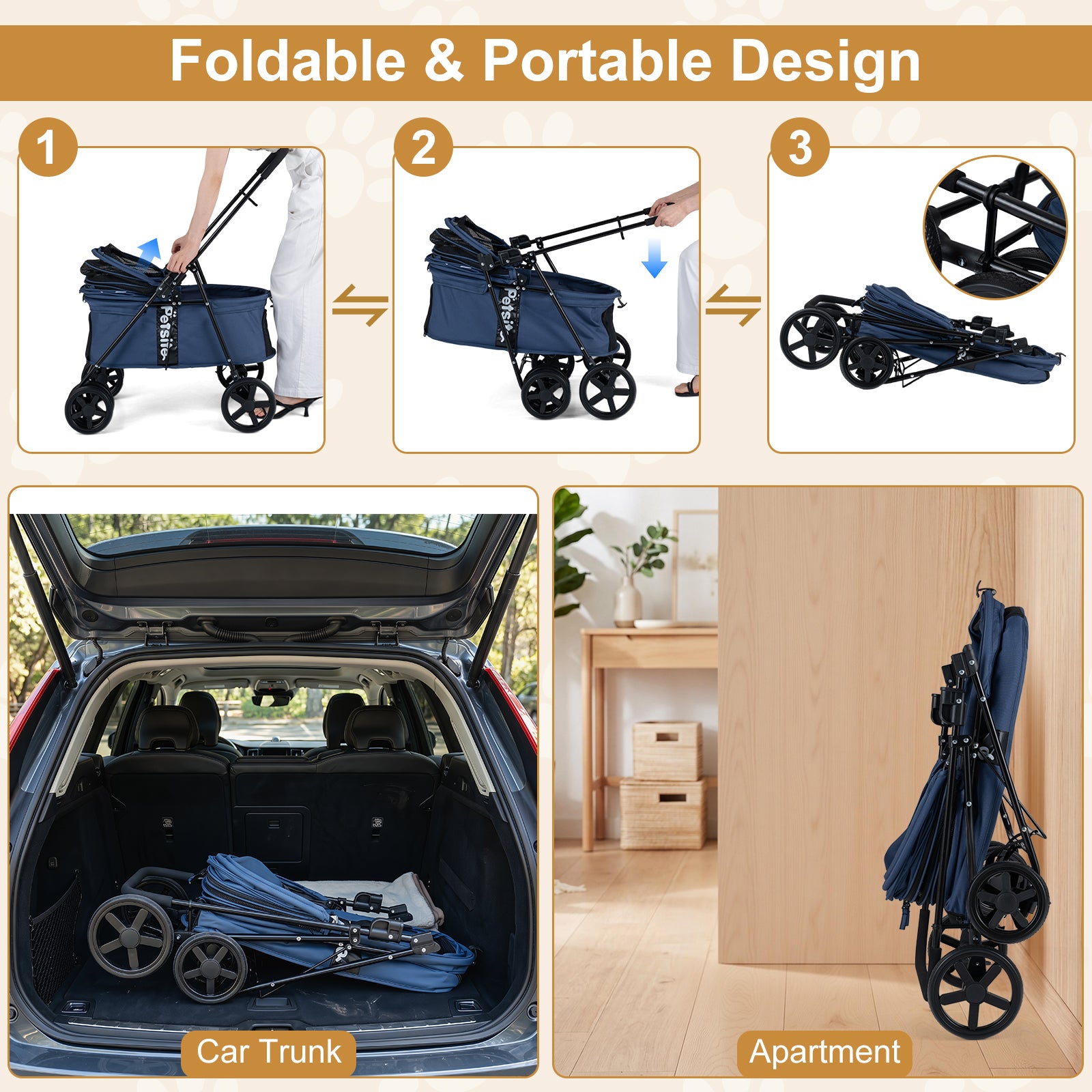 Pet Stroller for Small Medium Dogs, Foldable Dog Carrier Stroller with 360° Swivel Front Wheels & One-Step Rear Brak