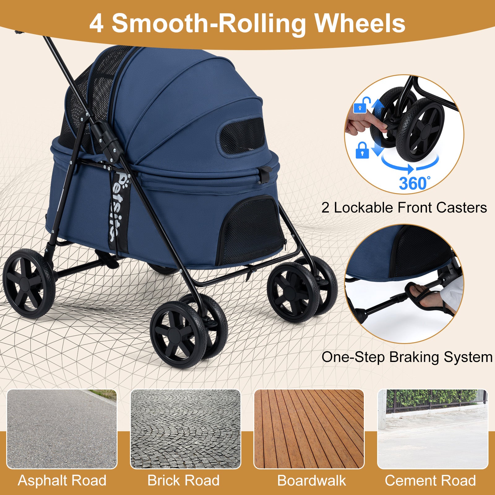 Pet Stroller for Small Medium Dogs, Foldable Dog Carrier Stroller with 360° Swivel Front Wheels & One-Step Rear Brak
