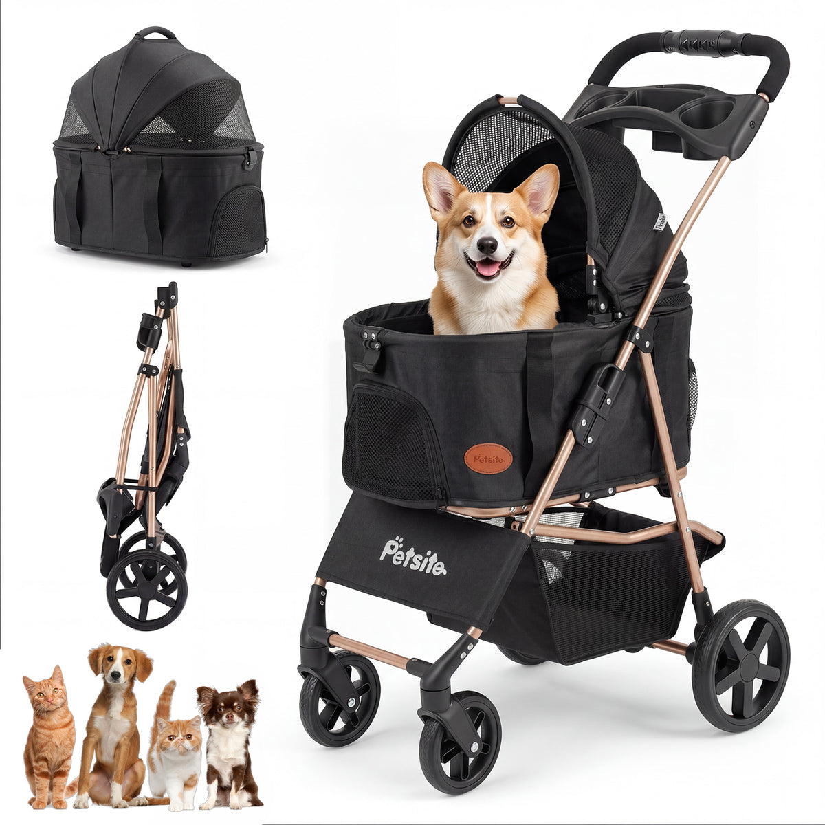 3-in-1 Pet Stroller for Small Medium Dogs, One-Click Foldable Dog Stroller with Detachable Carrier