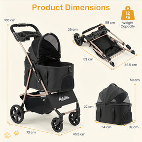 3-in-1 Pet Stroller for Small Medium Dogs, One-Click Foldable Dog Stroller with Detachable Carrier