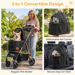 3-in-1 Pet Stroller for Small Medium Dogs, One-Click Foldable Dog Stroller with Detachable Carrier