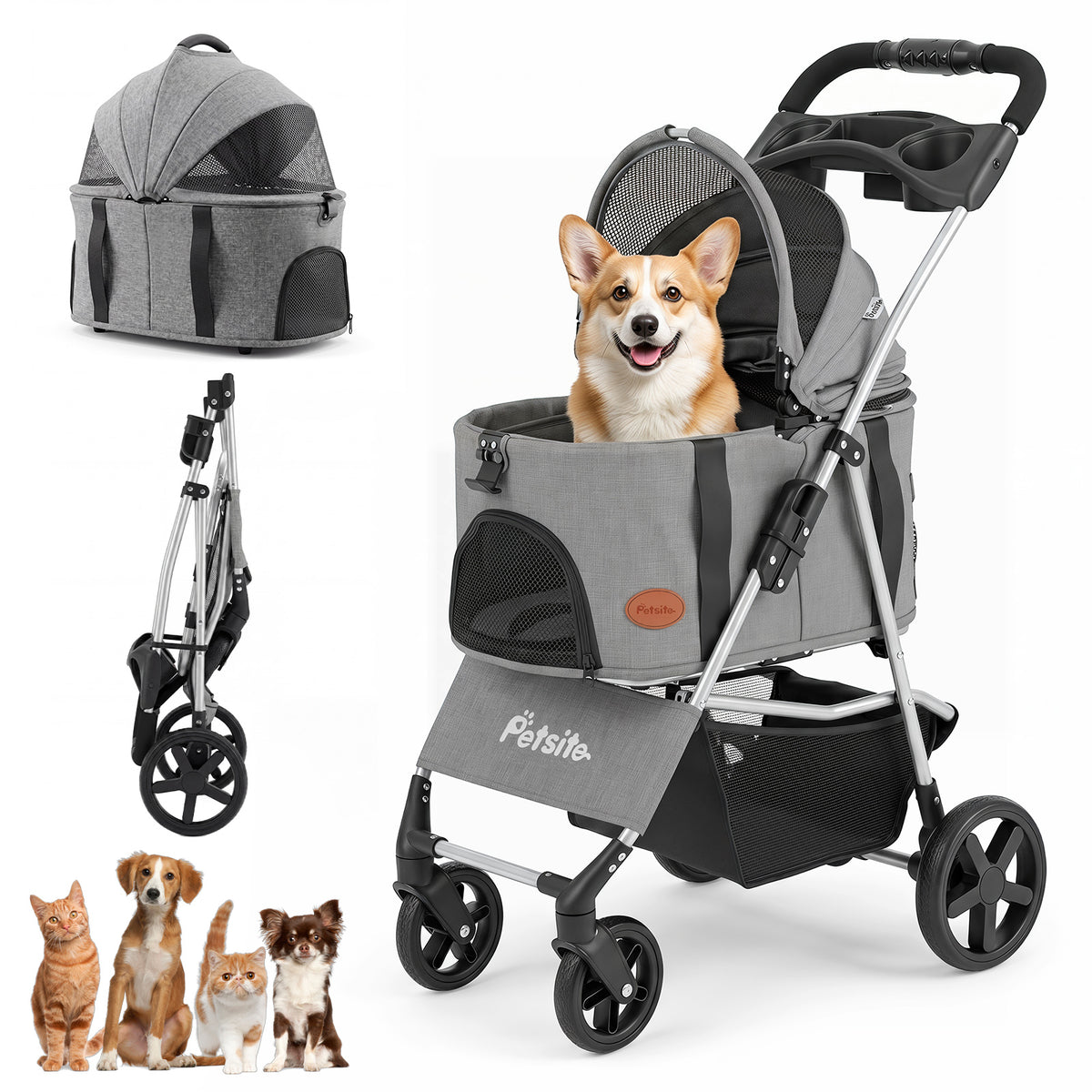 3-in-1 Pet Stroller for Small Medium Dogs, One-Click Foldable Dog Stroller with Detachable Carrier