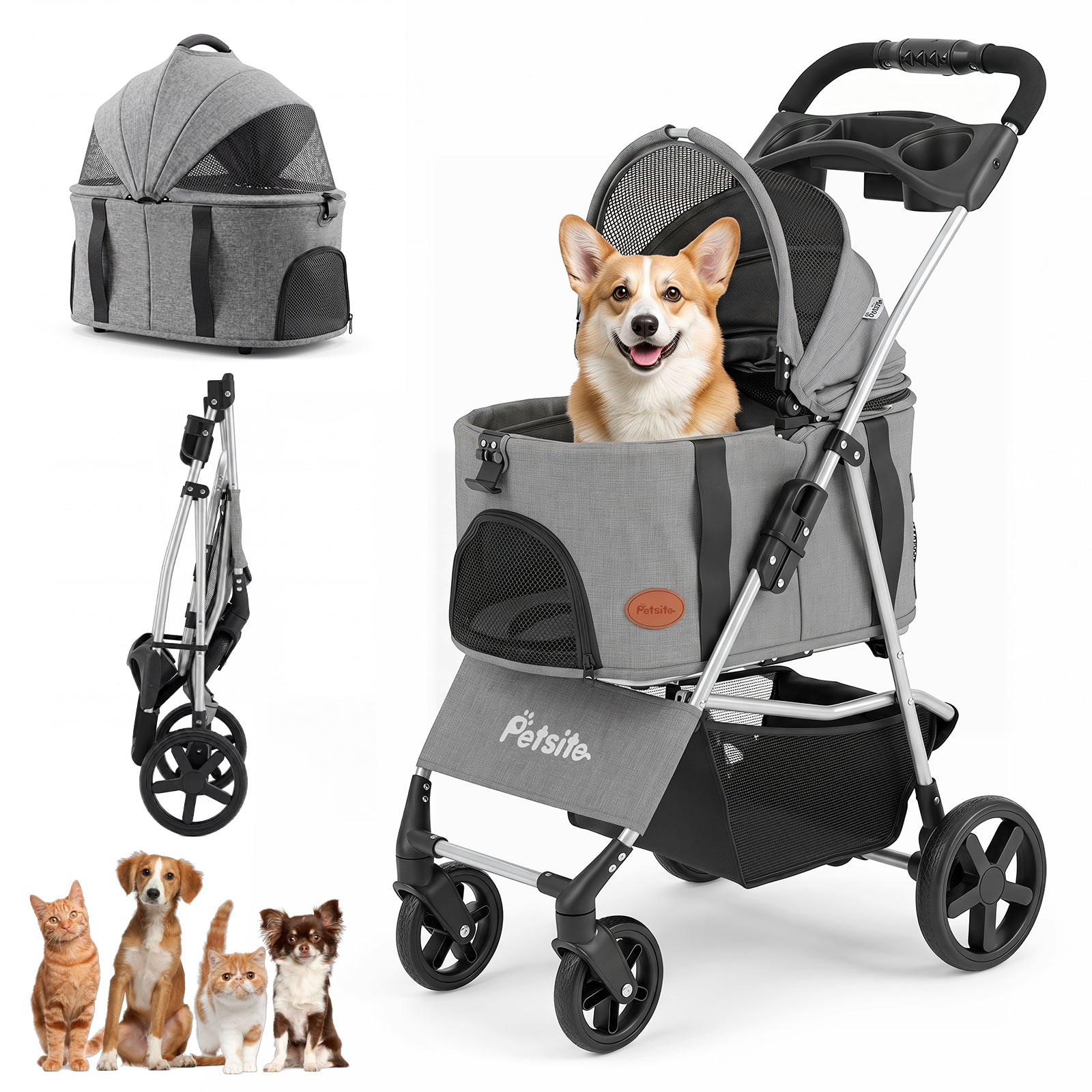 3-in-1 Pet Stroller for Small Medium Dogs, One-Click Foldable Dog Stroller with Detachable Carrier