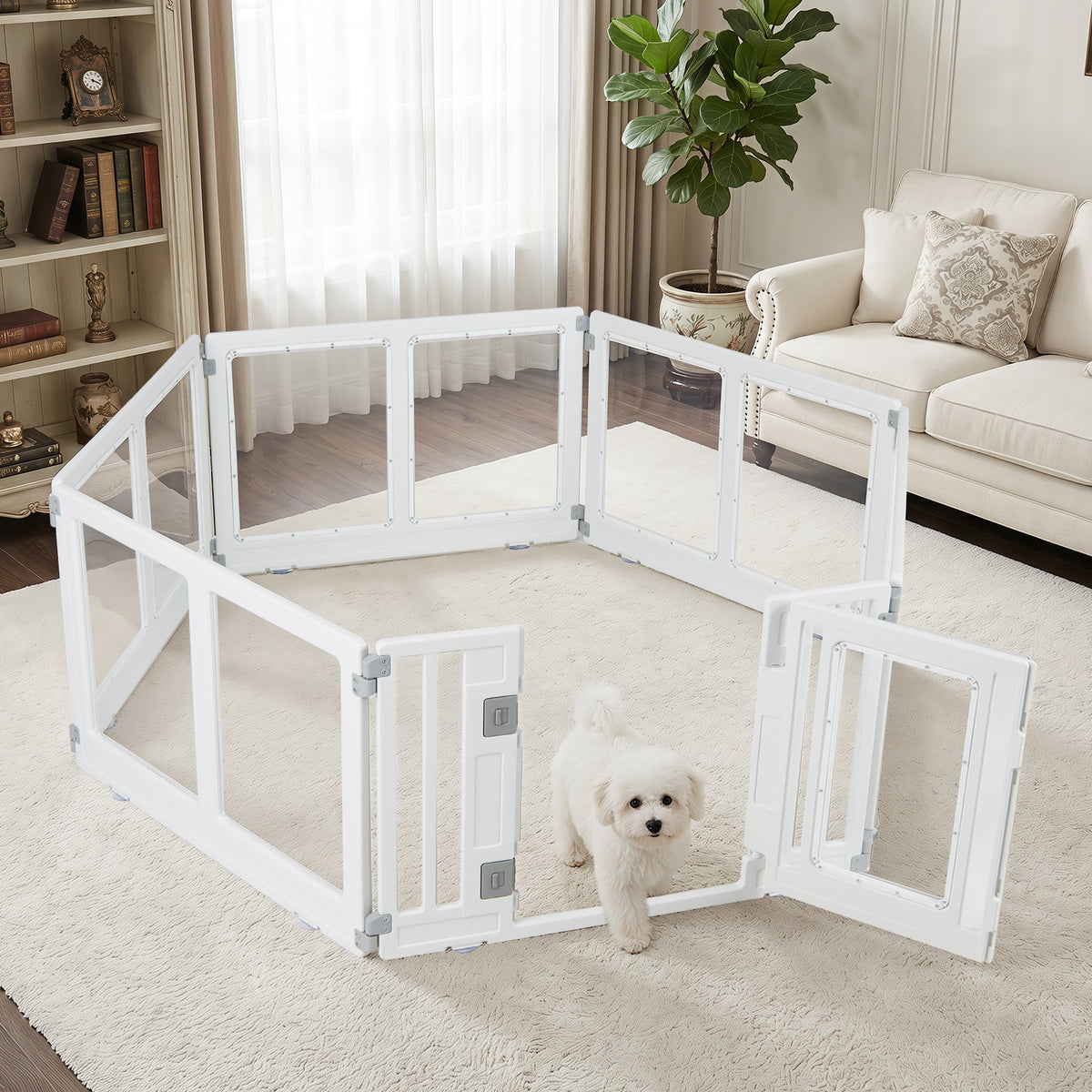 Clear Dog Playpen with Secure Locking Door, 6/8 Panels, White