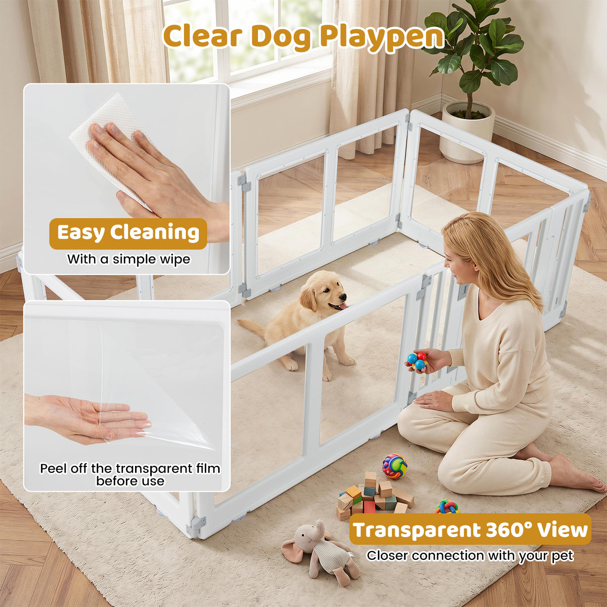 Clear Dog Playpen with Secure Locking Door, 6/8 Panels, White