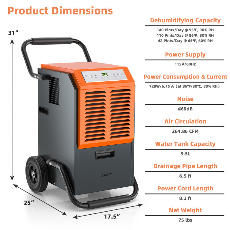 Portable Commercial Dehumidifier with Water Tank and Drainage Pipe