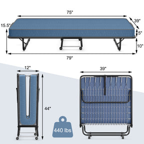 Portable Folding Bed with Wheels, Memory Foam Mattress and  Metal Frame Made in Italy