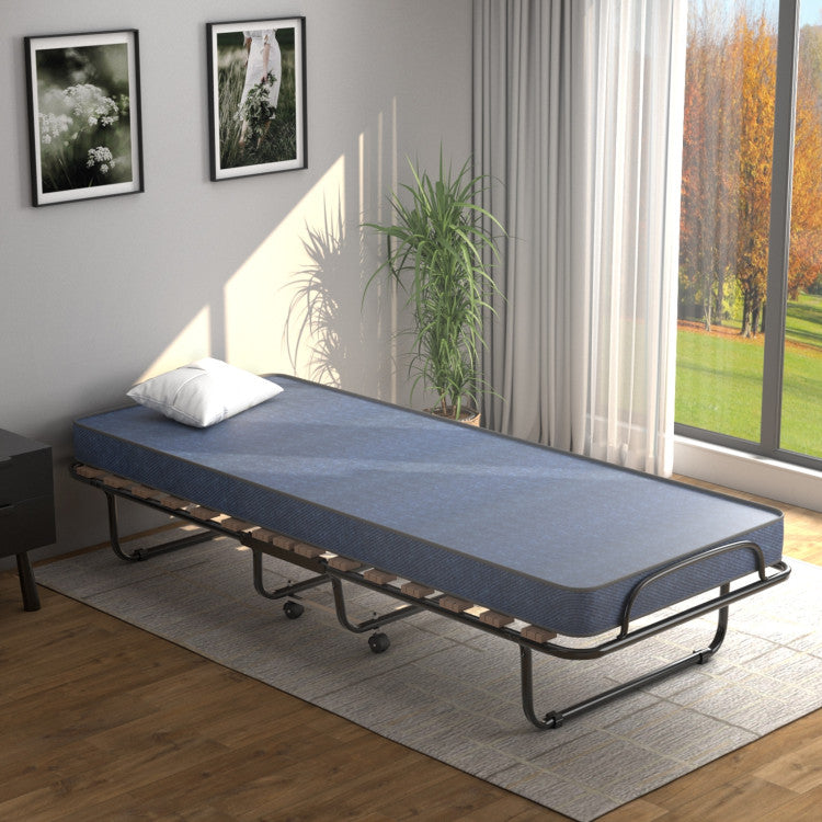 Portable Folding Bed with Wheels, Memory Foam Mattress and  Metal Frame Made in Italy