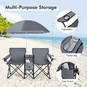 Portable Folding Picnic Double Chair with Umbrella for Outdoor Patio and Camping