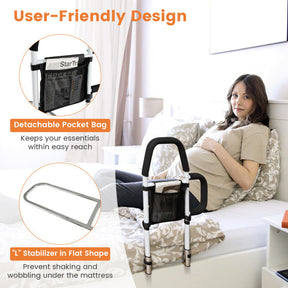 Portable Adjustable Safety Bed Assist Rail with Dual Handrail and Detachable Pocket Bag for Elderly Adults