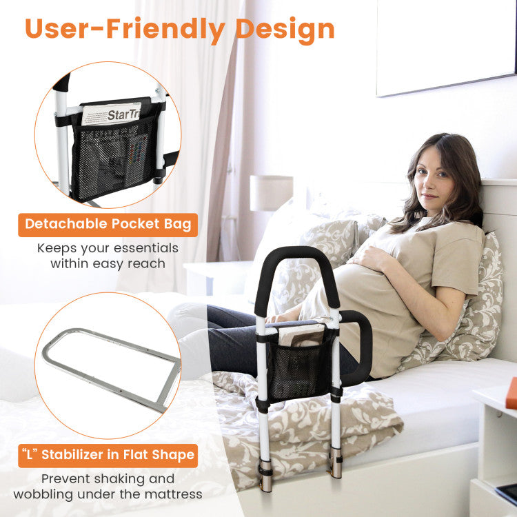 Portable Adjustable Safety Bed Assist Rail with Dual Handrail and Detachable Pocket Bag for Elderly Adults
