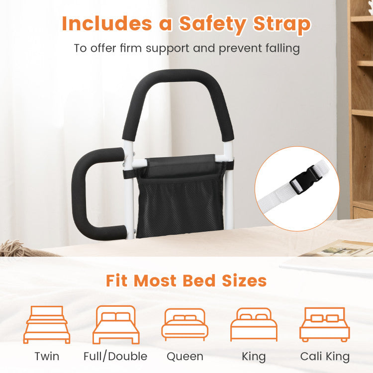 Portable Adjustable Safety Bed Assist Rail with Dual Handrail and Detachable Pocket Bag for Elderly Adults