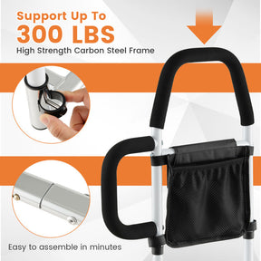 Portable Adjustable Safety Bed Assist Rail with Dual Handrail and Detachable Pocket Bag for Elderly Adults