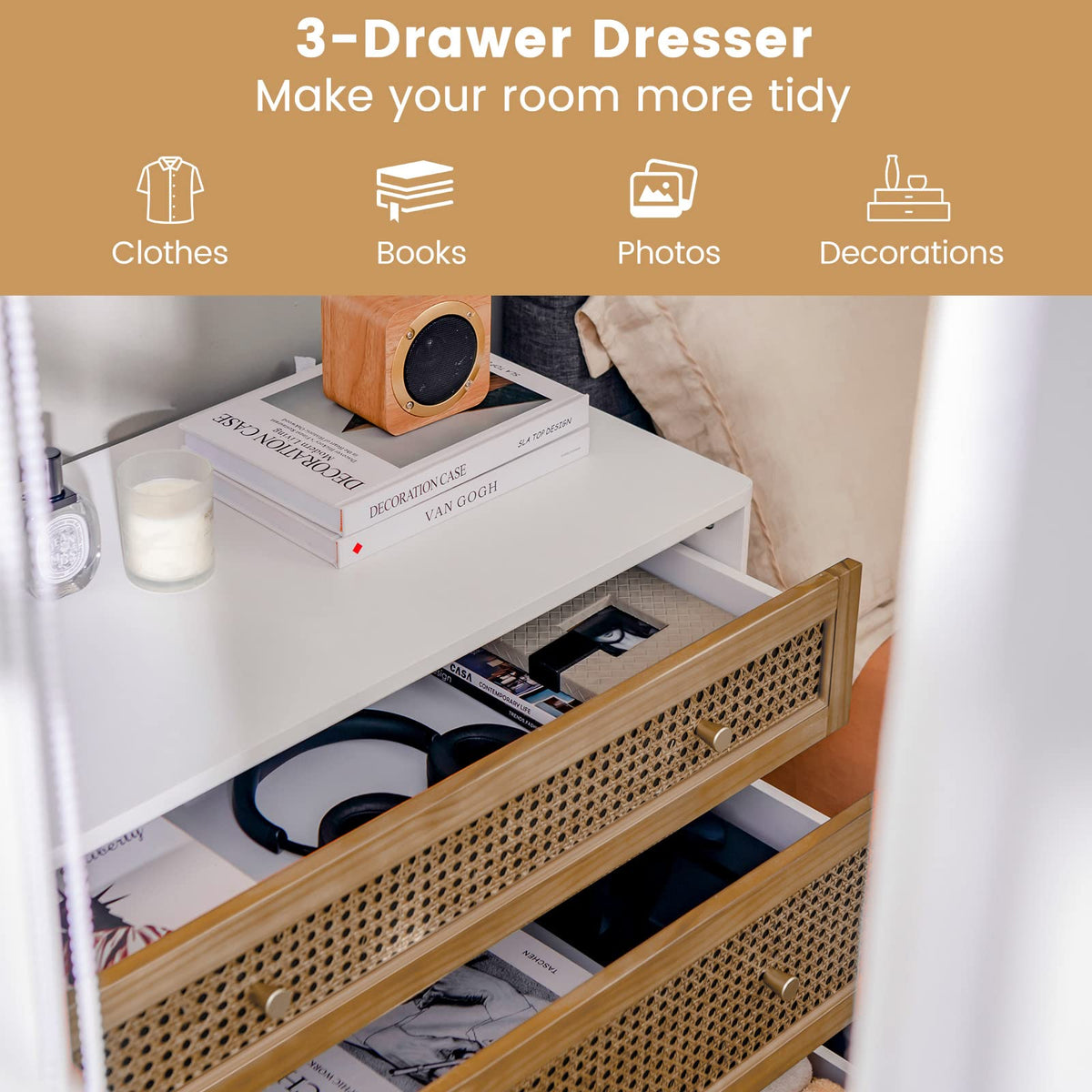 Giantex 3-Drawer Dresser, Rattan Drawer Chest