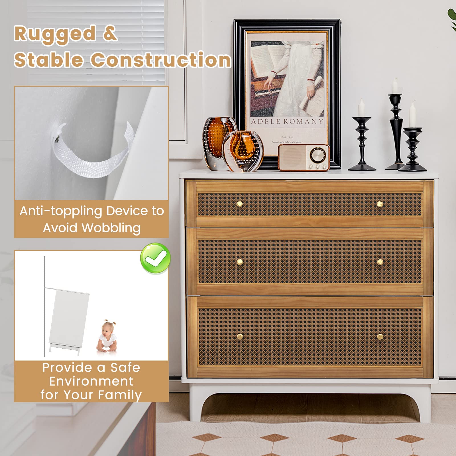 Giantex 3-Drawer Dresser, Rattan Drawer Chest