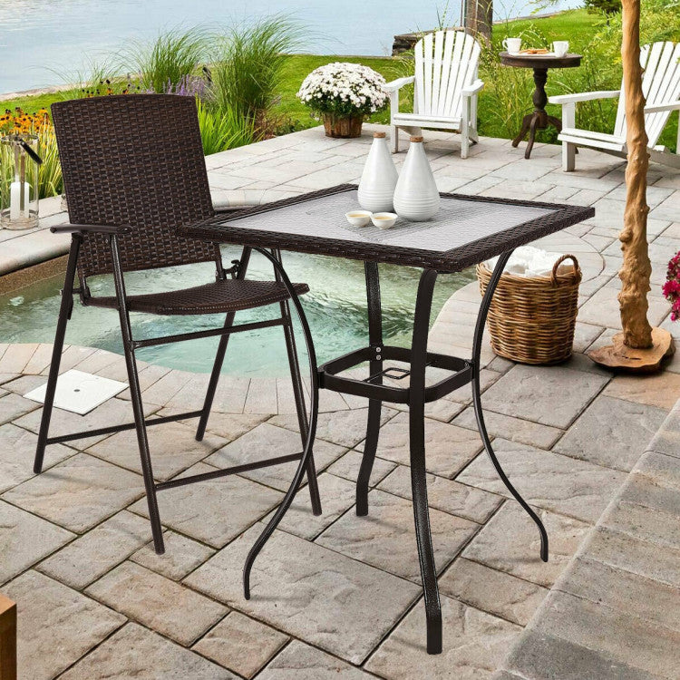 28.5" Rattan Edge Square Glass Patio Bar Table for Outdoor