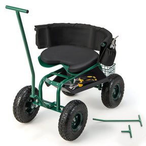 Rolling Garden Cart Patio Rolling Scooter with Adjustable Height Work Seat and Storage Basket for Lawn Yard