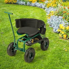 Rolling Garden Cart Patio Rolling Scooter with Adjustable Height Work Seat and Storage Basket for Lawn Yard