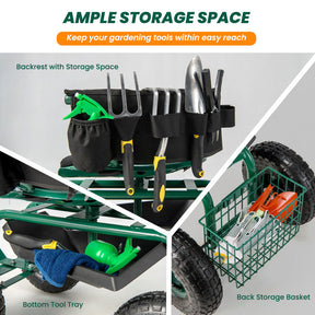 Rolling Garden Cart Patio Rolling Scooter with Adjustable Height Work Seat and Storage Basket for Lawn Yard
