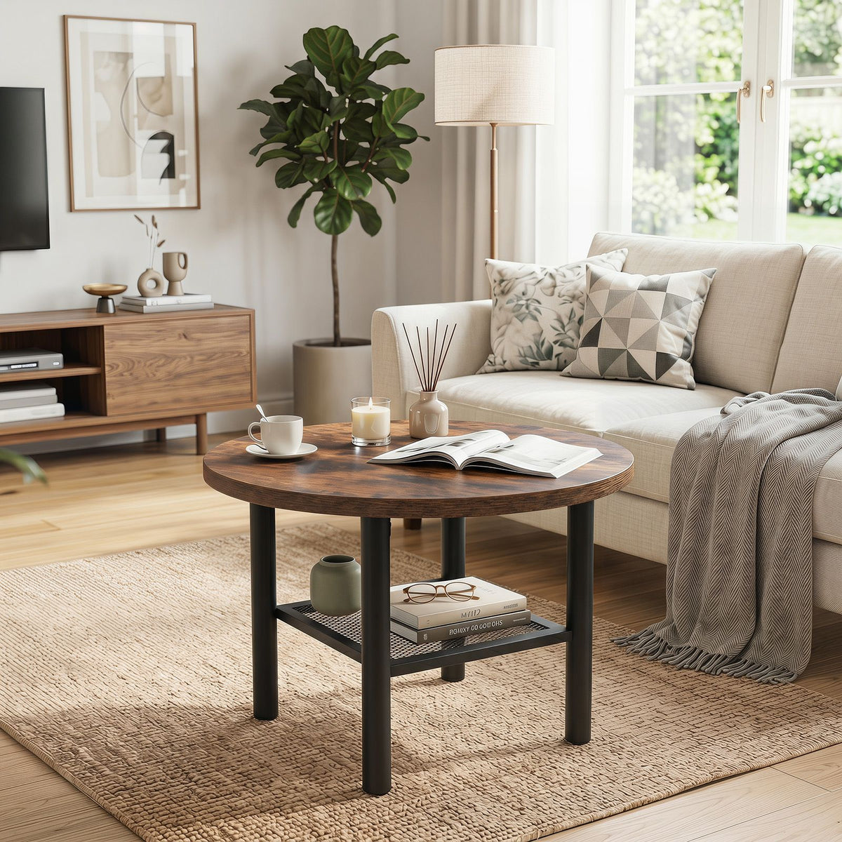 Round Coffee Table, 2-Tier Modern Circular Center Table with Storage Shelf