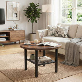 Round Coffee Table, 2-Tier Modern Circular Center Table with Storage Shelf