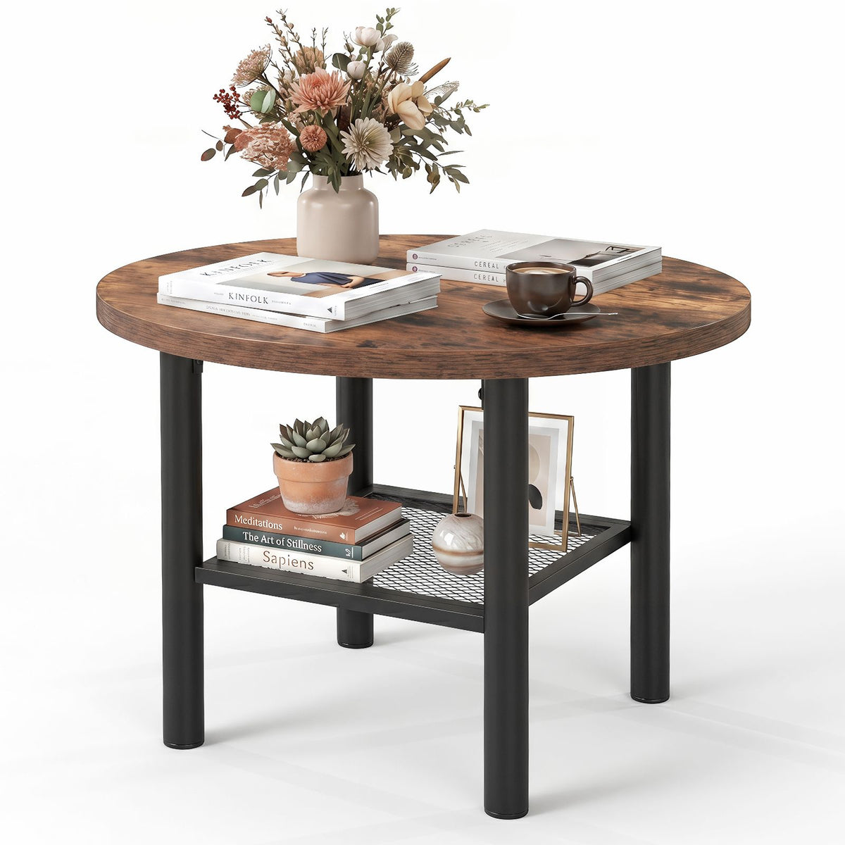 Round Coffee Table, 2-Tier Modern Circular Center Table with Storage Shelf