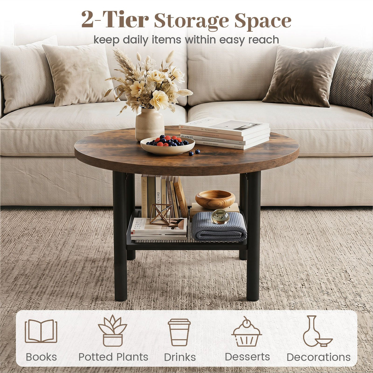 Round Coffee Table, 2-Tier Modern Circular Center Table with Storage Shelf