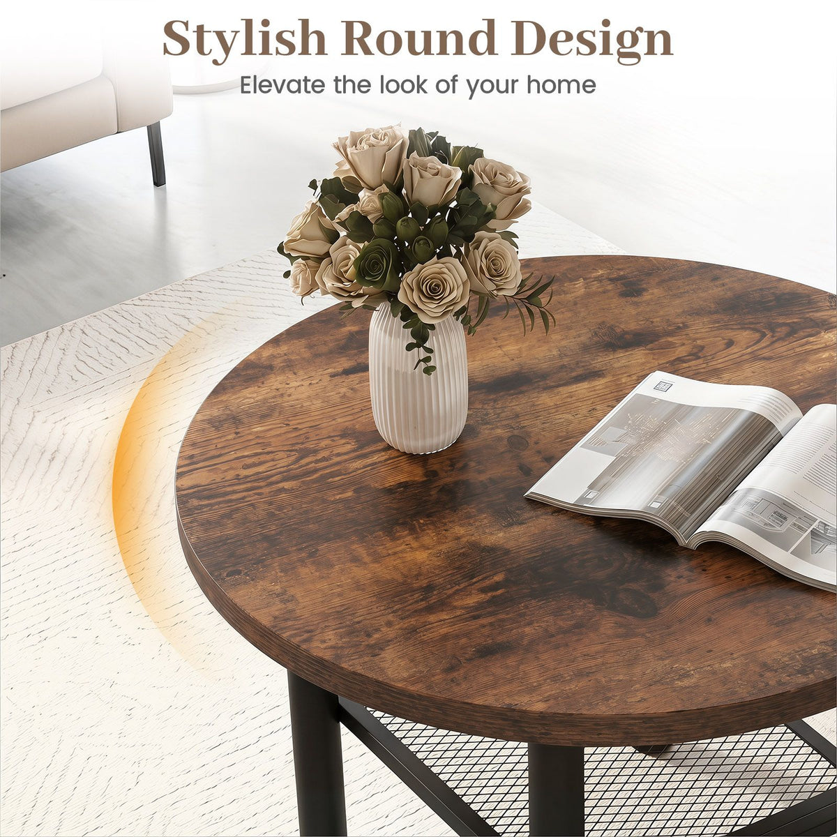 Round Coffee Table, 2-Tier Modern Circular Center Table with Storage Shelf