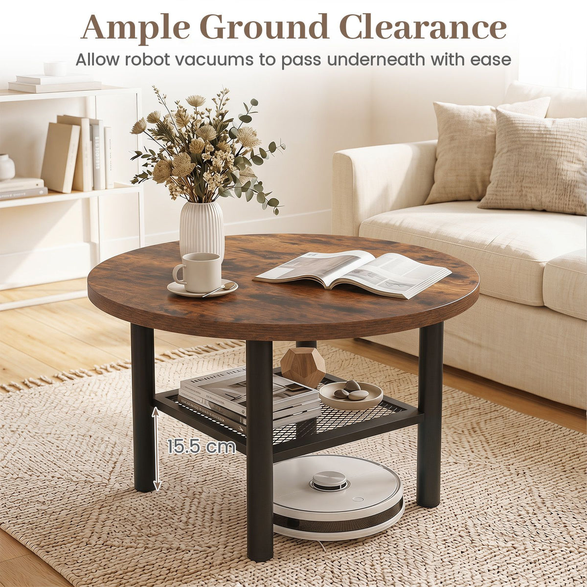 Round Coffee Table, 2-Tier Modern Circular Center Table with Storage Shelf