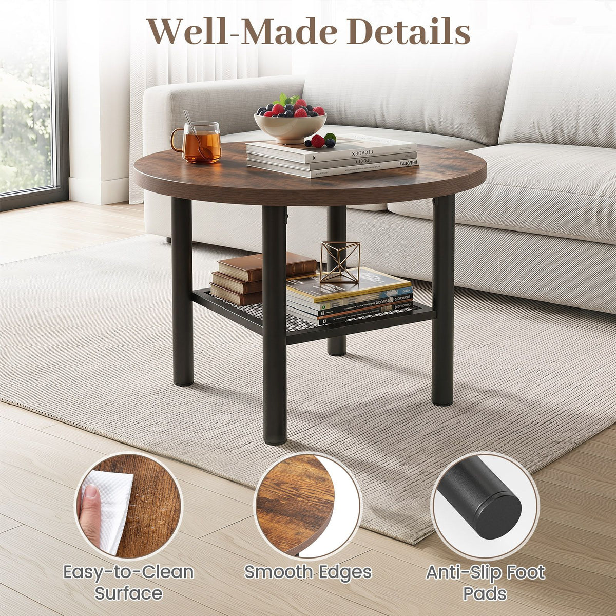 Round Coffee Table, 2-Tier Modern Circular Center Table with Storage Shelf