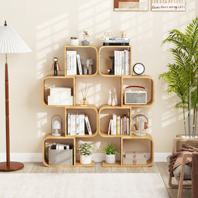 4-Tier S-Shaped Bamboo Bookcase with 4 Open Cubes for Living Room