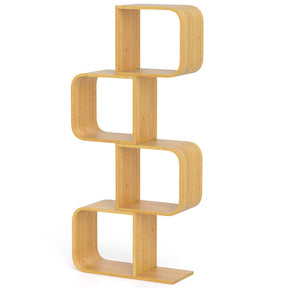 4-Tier S-Shaped Bamboo Bookcase with 4 Open Cubes for Living Room