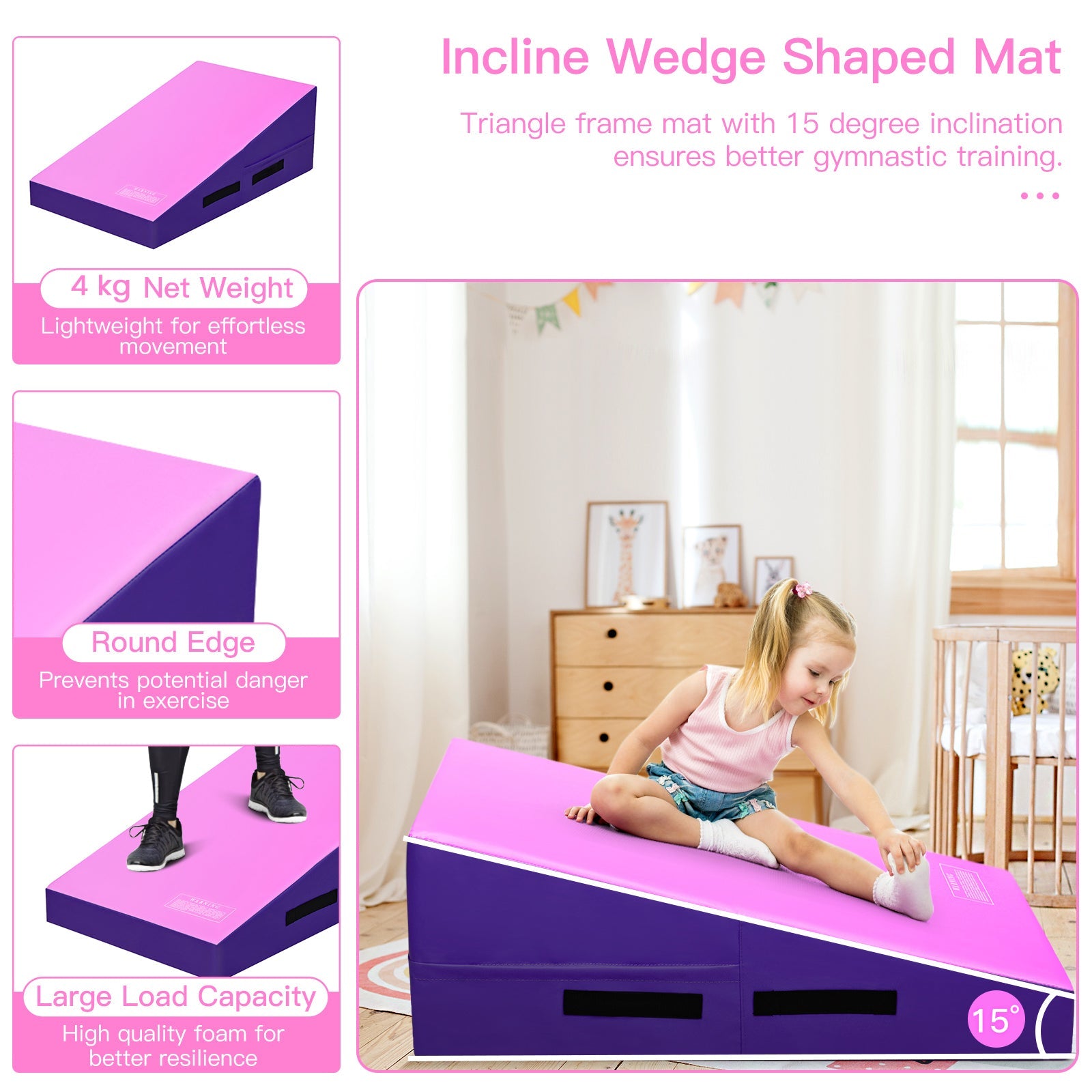 Incline Gymnastics Mat, Gym Fitness Skill Shape Tumbling Mat with Carrying Handles