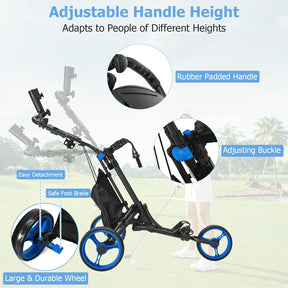 3 Wheel Golf Push Cart, Quick Folding Golf Walking Push Cart
