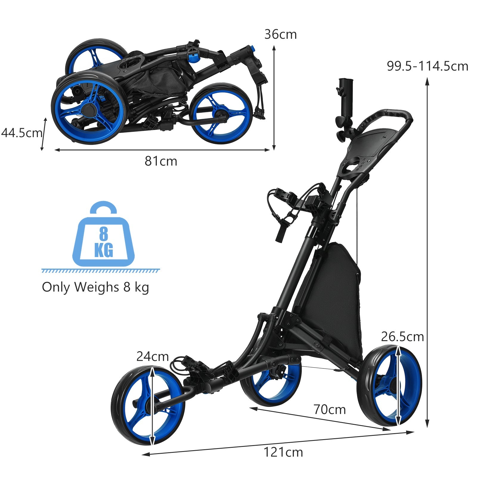 3 Wheel Golf Push Cart, Quick Folding Golf Walking Push Cart