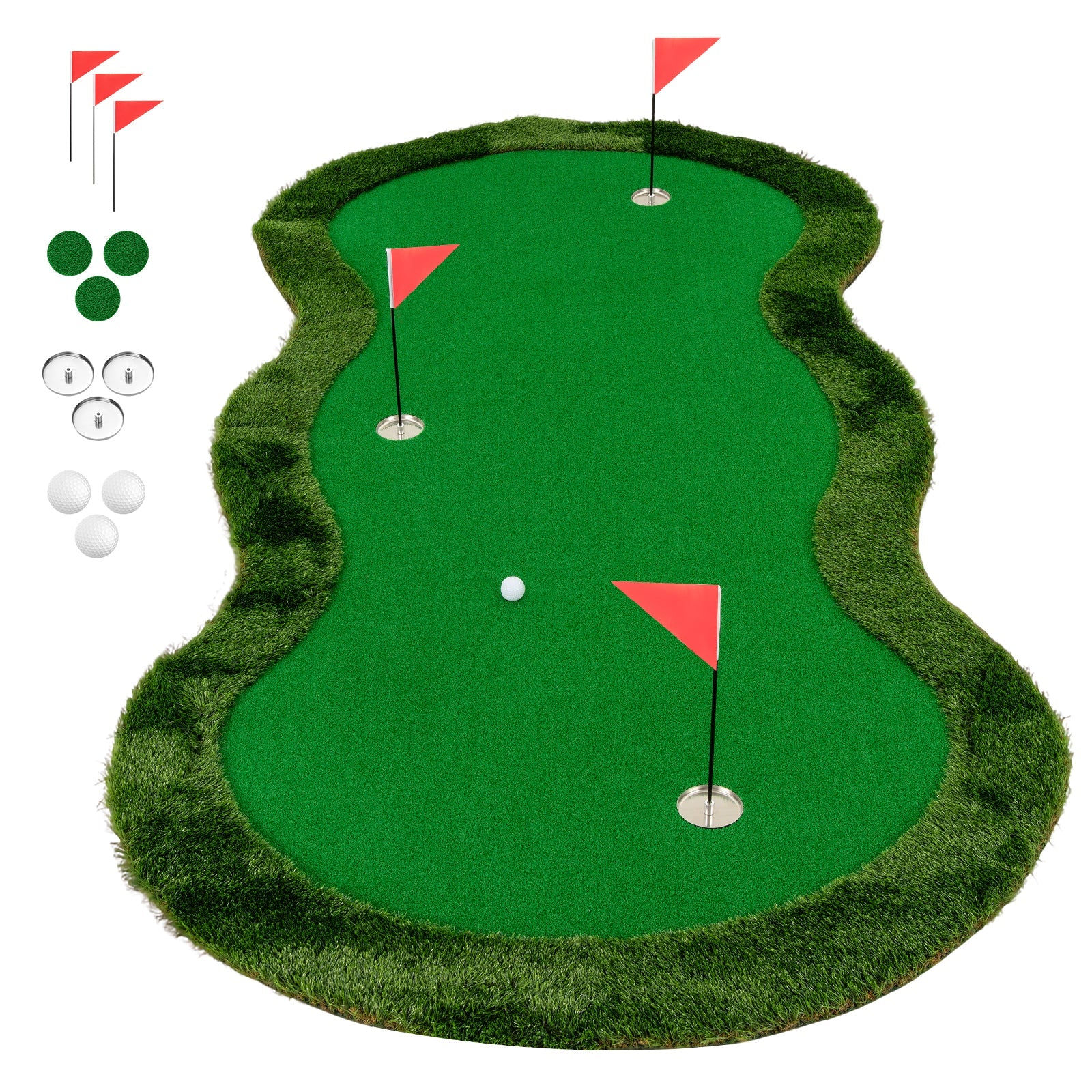 Golf Putting Green, 300 x 150 cm Golf Practice Mat with 3 Holes, Cups & Flags