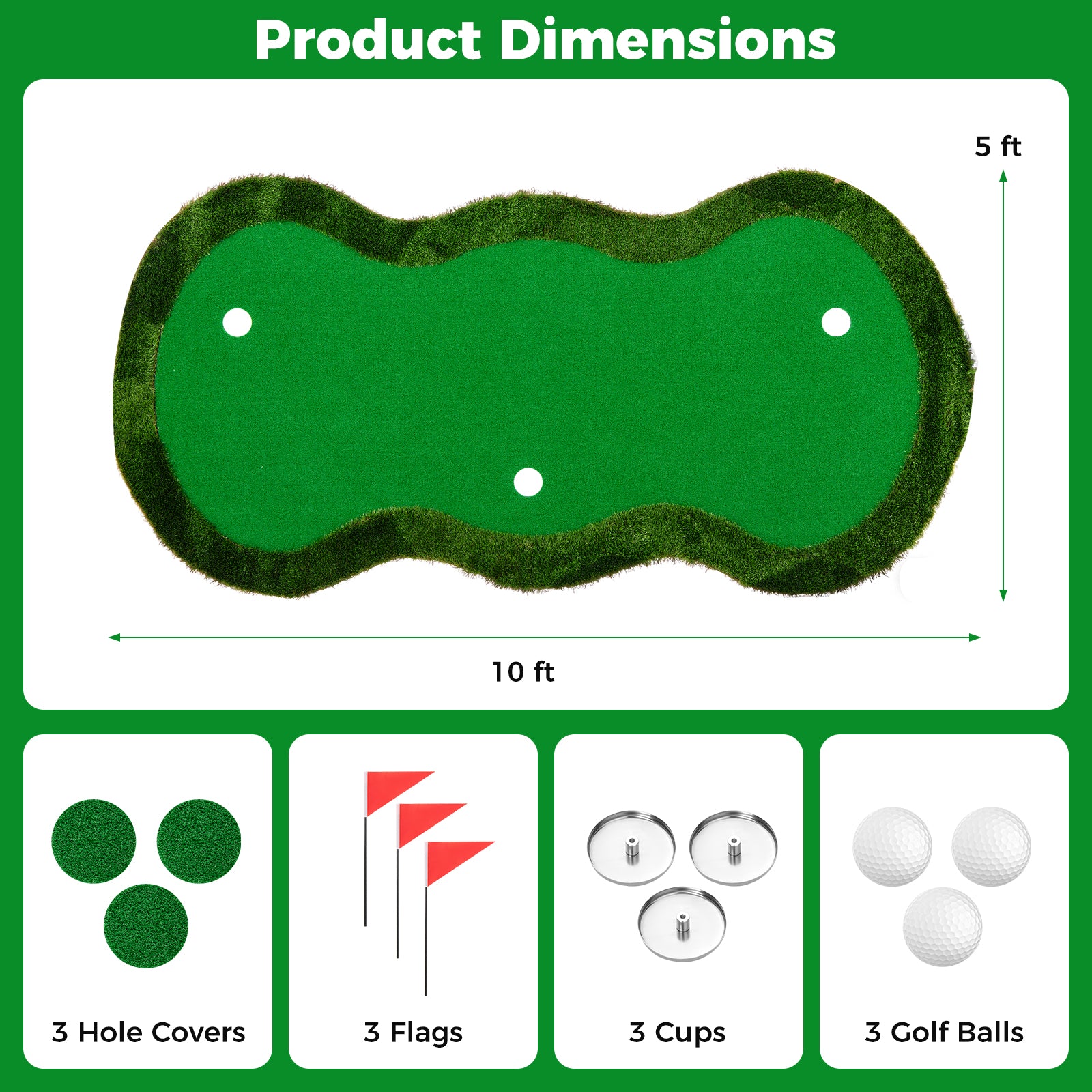 Golf Putting Green, 300 x 150 cm Golf Practice Mat with 3 Holes, Cups & Flags