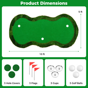 Golf Putting Green, 300 x 150 cm Golf Practice Mat with 3 Holes, Cups & Flags