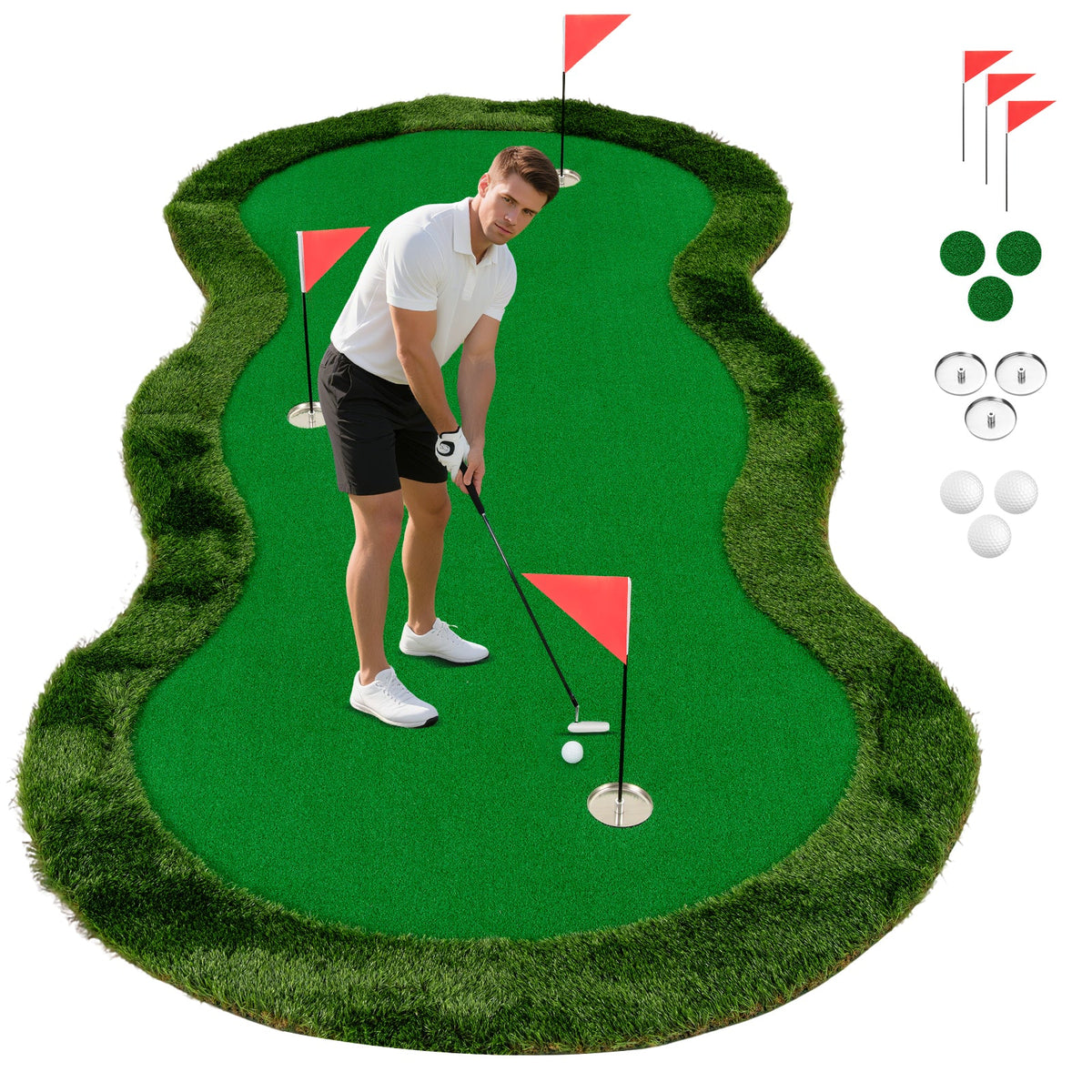 Golf Putting Green, 300 x 150 cm Golf Practice Mat with 3 Holes, Cups & Flags